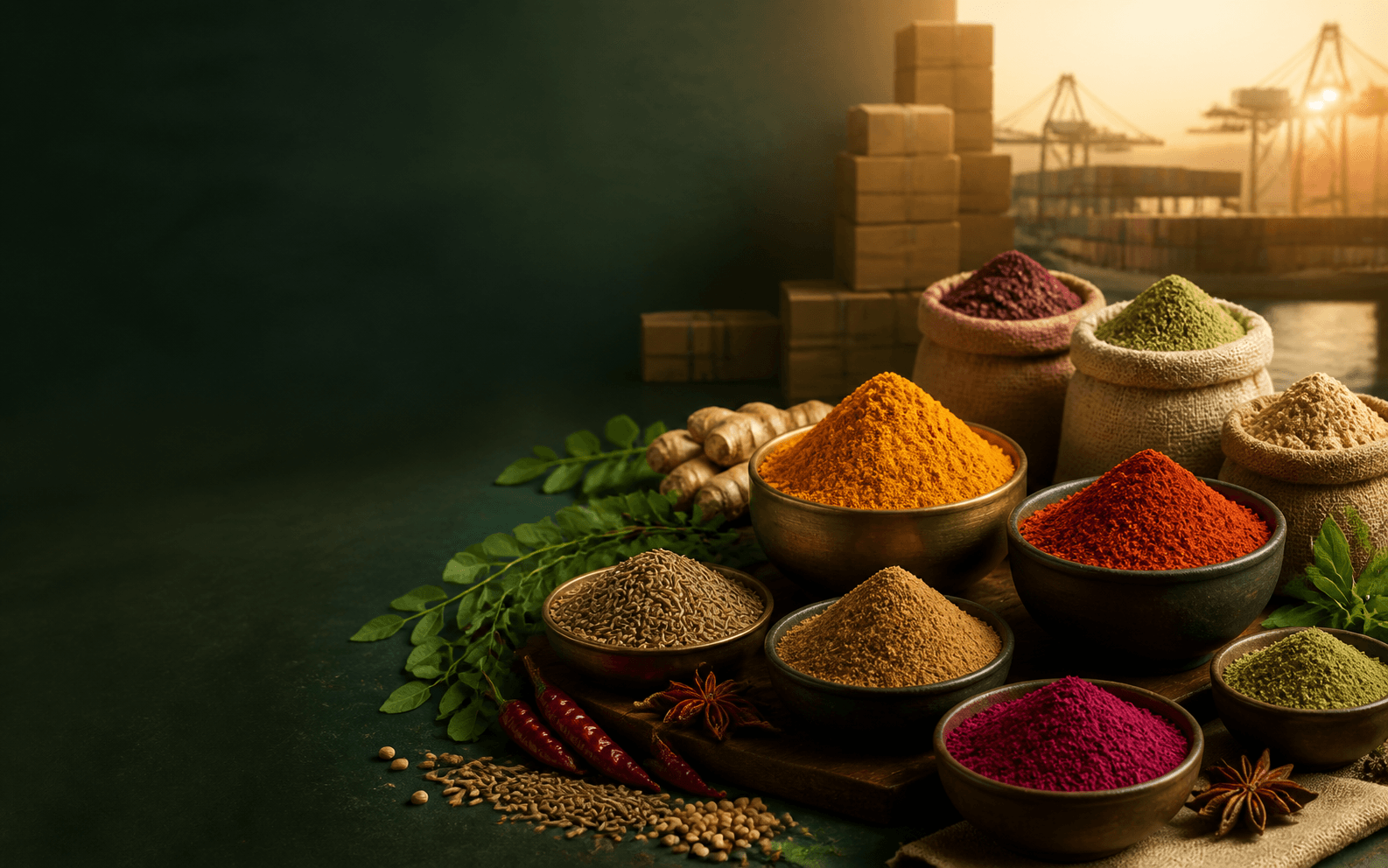 Indian spices and food powders arranged for international B2B supply
